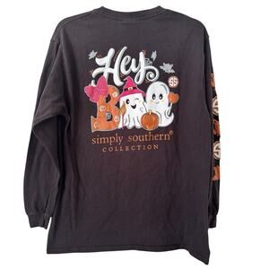 Simply Southern Hey Boo! Ghost Black Long Sleeve Halloween T-Shirt Youth Large